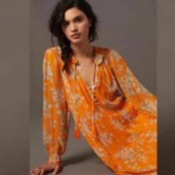 Anthropologie Marais Orange Floral Maxi Dress XS Peasant Boho Cottage Core - Picture 5 of 16